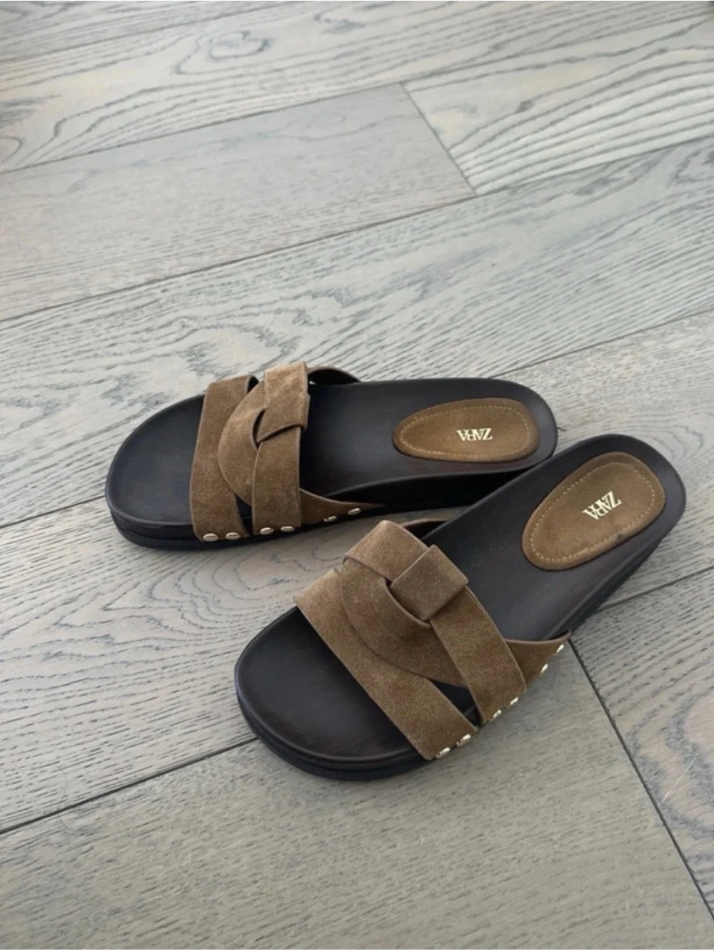 Zara Taupe Suede Double-Strap Slide Sandals - Picture 4 of 4